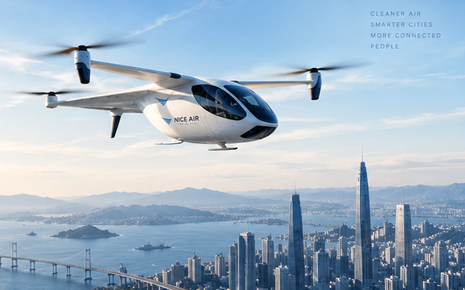 Autonomous electric aircraft above a coastal city skyline